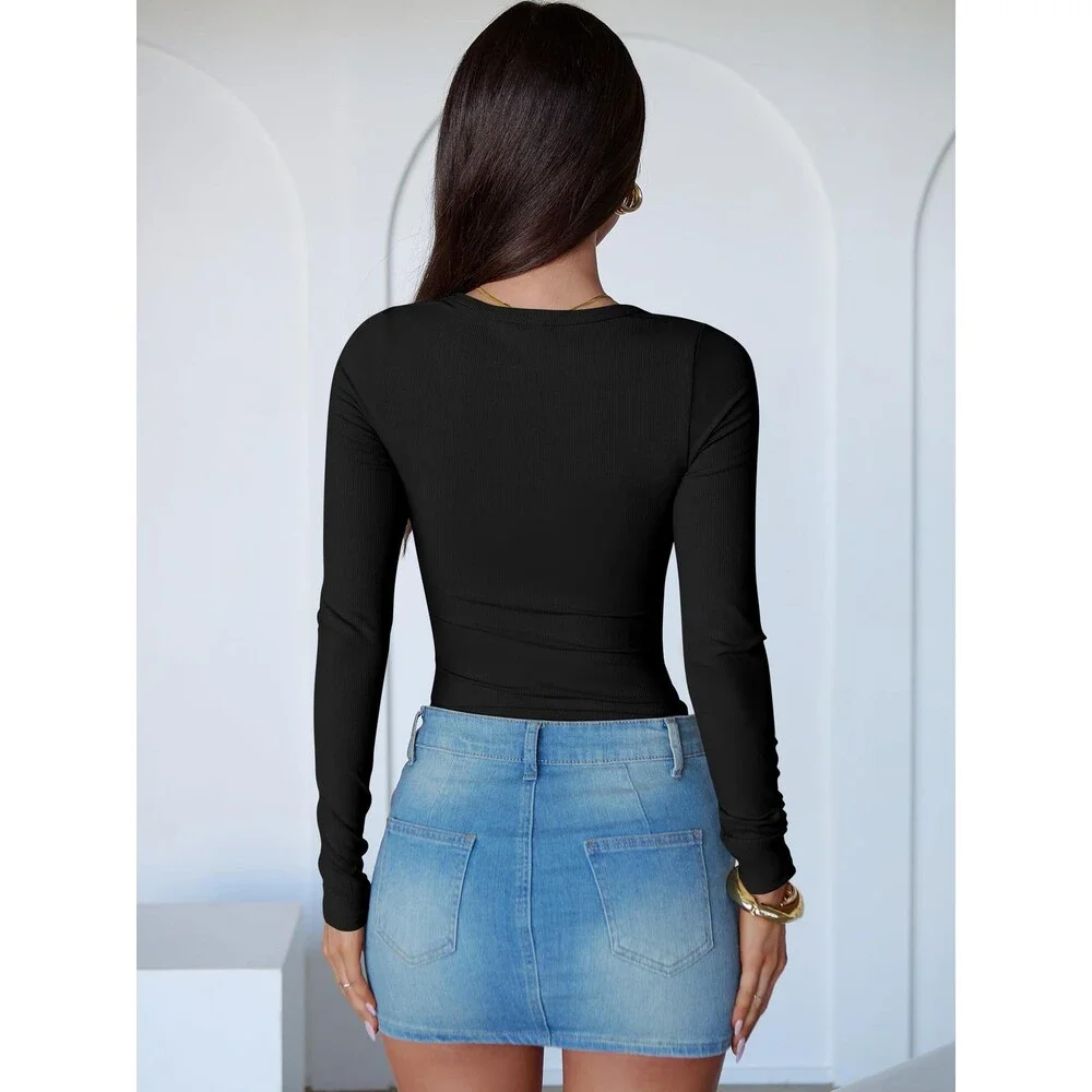 ANRABESS Women's Black Long Sleeve Crew Neck Bodysuits Top 2025 Fall Slim Fit M